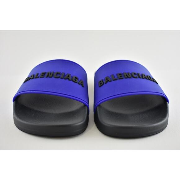 Balenciaga Black Blue Bicolor Rubber Logo Slide On Pool Sandal Flip Flop Flat 37 - Picture 6 of 12